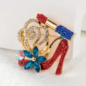Rhinestone High Heel and Lipstick Brooch, Rhinestone Lipstick High Heel Brooch